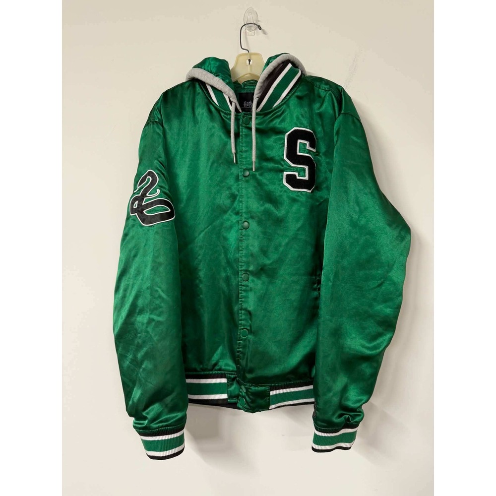 Harry Potter Men XL Green Slytherin Varsity Jacket Hooded Satin Bomber 02 Patch